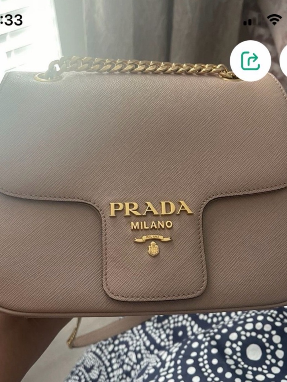 Prada Saffiano Leather Shoulder Bag in Taupe with Gold Hardware